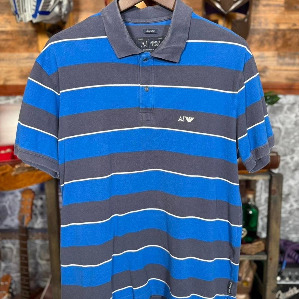 Armani Jeans AJ Striped Polo Blue Y2K Designer Golf Shirt XL